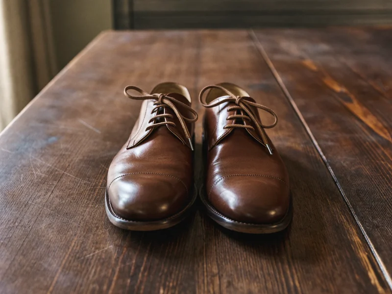 Braune Derby-Schuhe mit gewachsten Schnürsenkeln auf dunklem Eichentisch