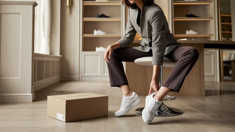 Person probiert auf einem niedrigen Hocker einen Sneaker an, daneben Schuhlöffel und Karton